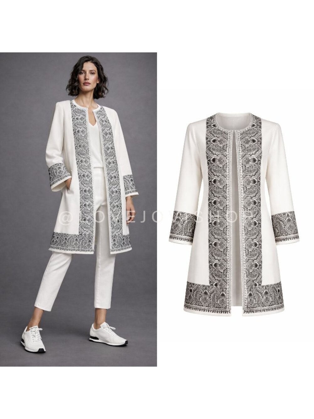 Jacket | Kobi Halperin Fine Embroidered Cream Longline Coat | Mid Length | XXL